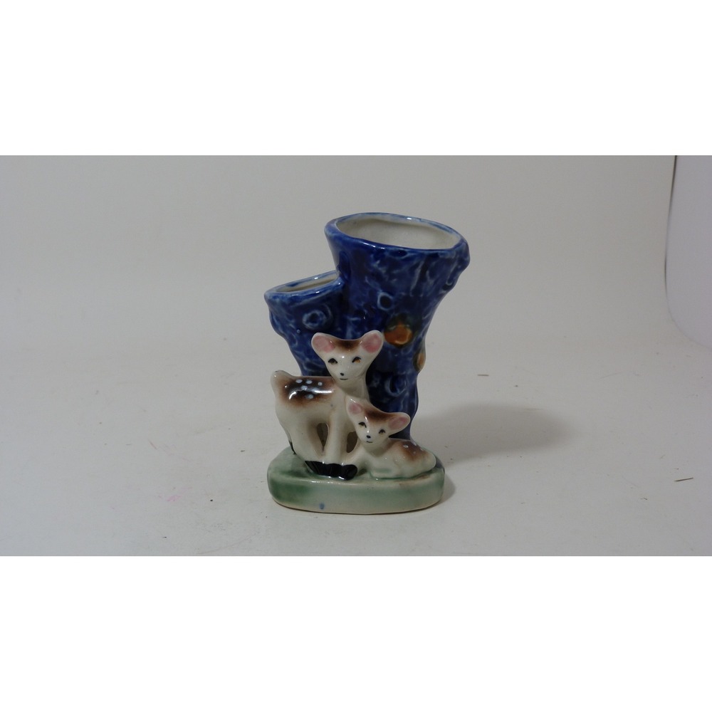 Vintage Ceramic Deer Fawn Figurine Double Bud Vase Blue Tree Trunk 4 Inch